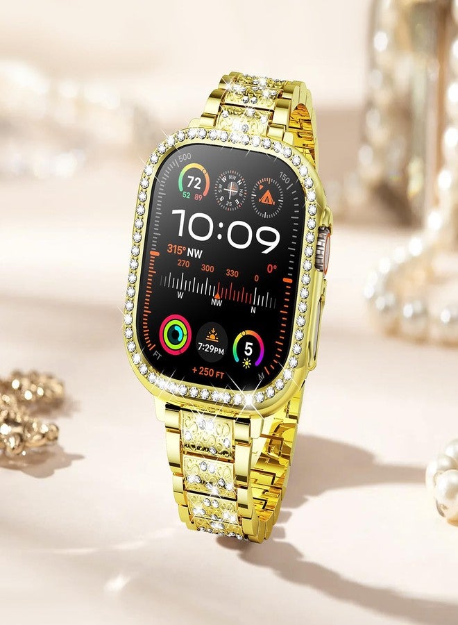 Mosonio Compatible with Apple Watch Band Ultra 49mm with Case Women, Jewelry Replacement Metal Wristband Strap with 2 Pack Bling PC Protective Cover for iWatch Ultra 49mm (Gold) - Image 3